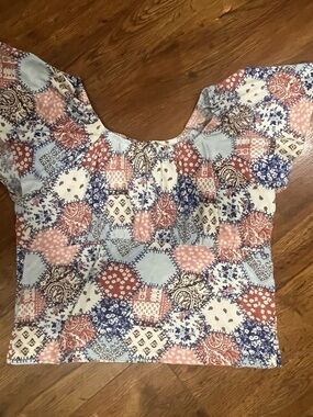 Sugar & Jade Women’s Patchwork Print Short Sleeve Top - Blue & Pink